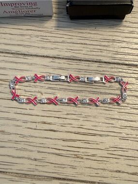 Avon Breast Cancer Crusade Tennis Bracelet Pink Ribbon Rhinestone Silver Tone